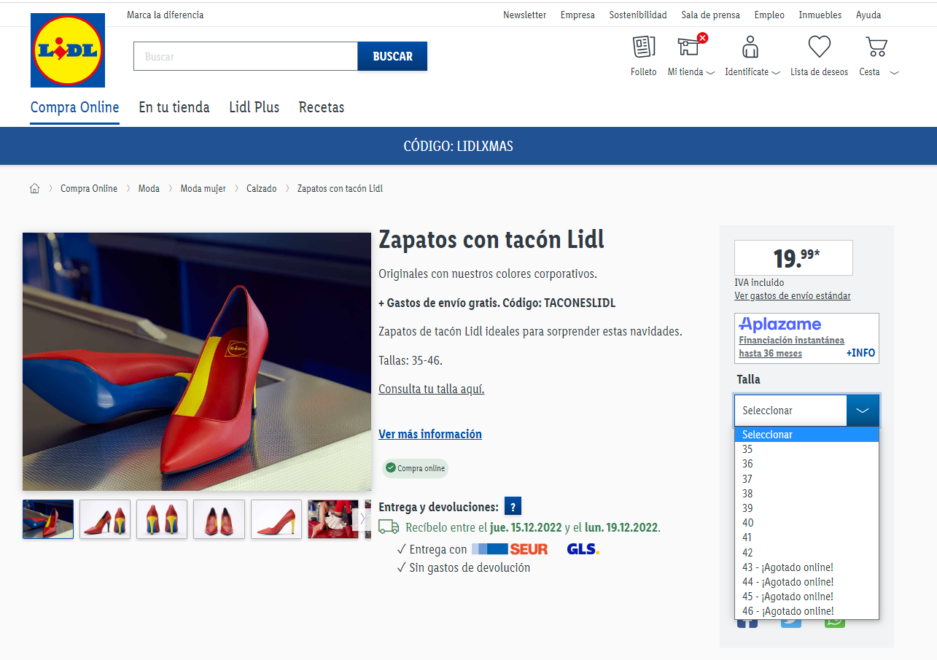 Los tacones de Lidl agotados en las tallas de hombre en la tienda online de la web de la cadena de supermercados