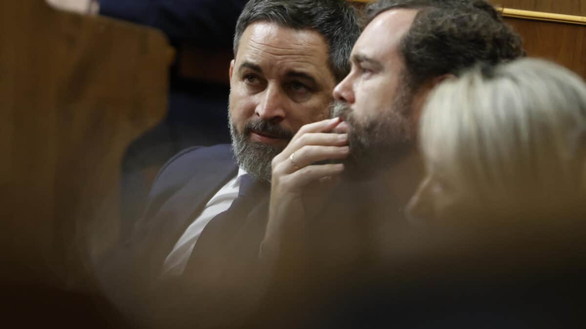 El líder de Vox, Santiago Abascal (i) conversa con su portavoz parlamentario, Iván Espinosa de los Monteros (d) durante una sesión de control del Gobierno