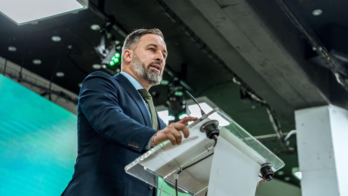 El presidente de Vox, Santiago Abascal, durante una rueda de prensa, en la sede del partido