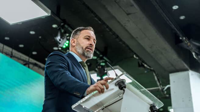 El presidente de Vox, Santiago Abascal, durante una rueda de prensa, en la sede del partido