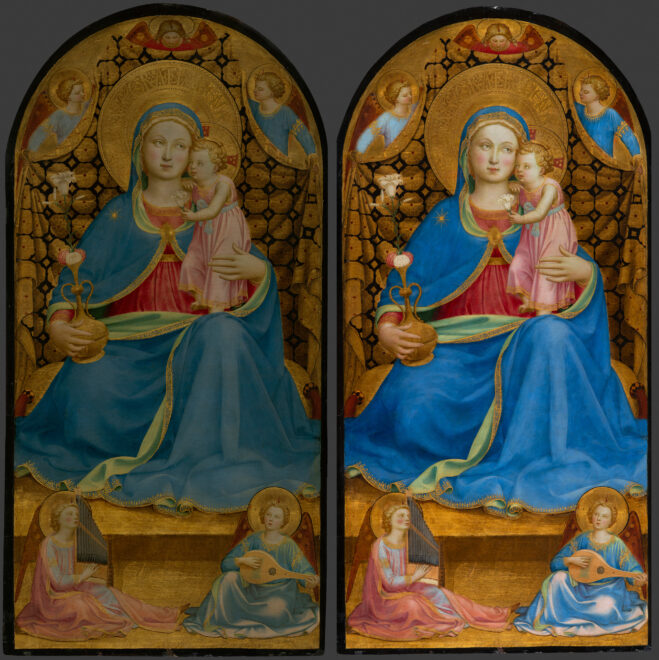Comparativa del antes y después de la restauración de La Virgen de la Humildad.