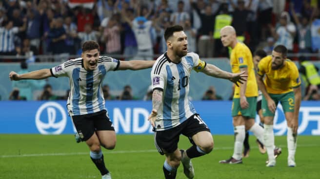 Lionel Messi celebrates his goal against Australia at the 2022 World Cup in Qatar.