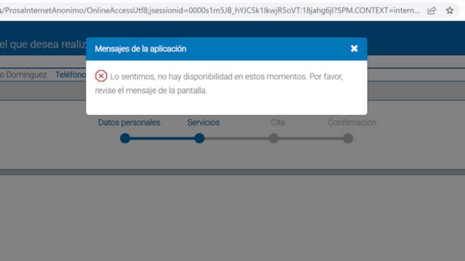 Mensaje obtenido al intentar conseguir una cita previa en la web de la Seguridad Social.