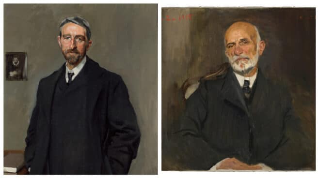Retratos de los directores de la La Institución Libre de Enseñanza, Manuel Bartolomé Cossío (izquierda) y Giner de los Ríos (derecha), realizados por Joaquín Sorolla