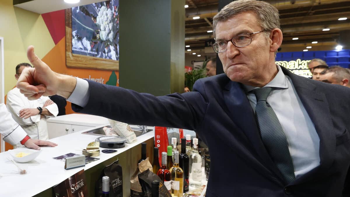 El líder del PP, Alberto Núñez Feijóo, en el stand de la Comunidad de Madrid en Madrid Fusión.