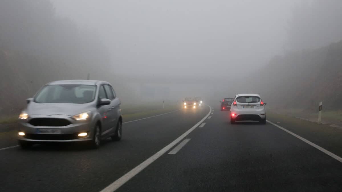 Varios coches con faros antiniebla en una carretera de Lugo.