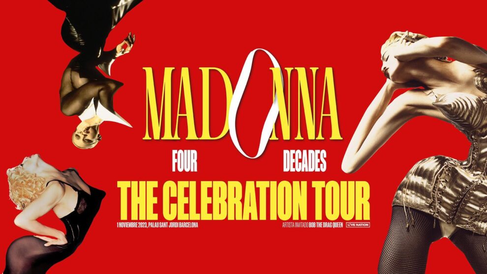 Cartel del concierto de Madonna en España en 2023, de la gira The Celebration Tour, que tendrá lugar el 1 de noviembre de 2023 en el Palau Sant Jordi de Barcelona. Cartel publicado por la promotora Live Nation.