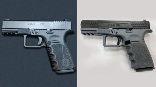 A la derecha, la pistola de D. D. G. encontrada en Irak. A la izquierda, la 'Ramon' comprada por la Guardia Civil (ARES CONMAT / Emtan) A la derecha, la pistola de D. D. G. encontrada en Irak. A la izquierda, la 'Ramon' comprada por la Guardia Civil (ARES CONMAT / Emtan)