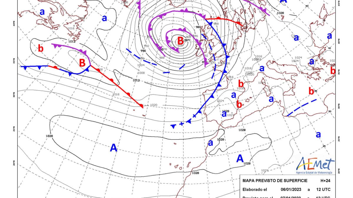 Mapa de isobaras de la AEMET para España este 7 de enero.