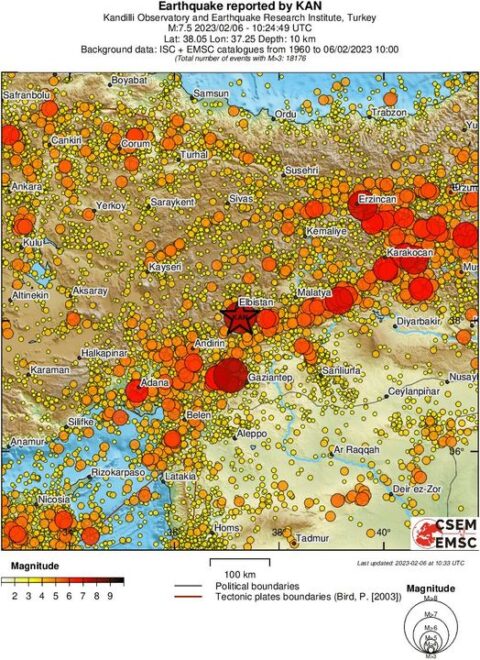 Map of Turkey with history of earthquakes and epicenter of today's earthquake.