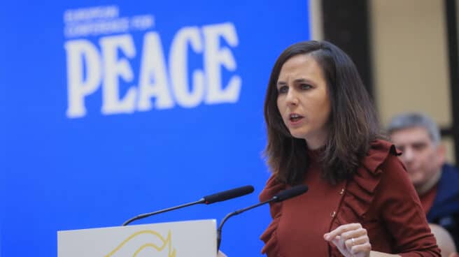 La líder de Podemos y ministra de Derechos Sociales, Ione Belarra interviene en la III Conferencia Europea por la Paz, este viernes en Madrid.