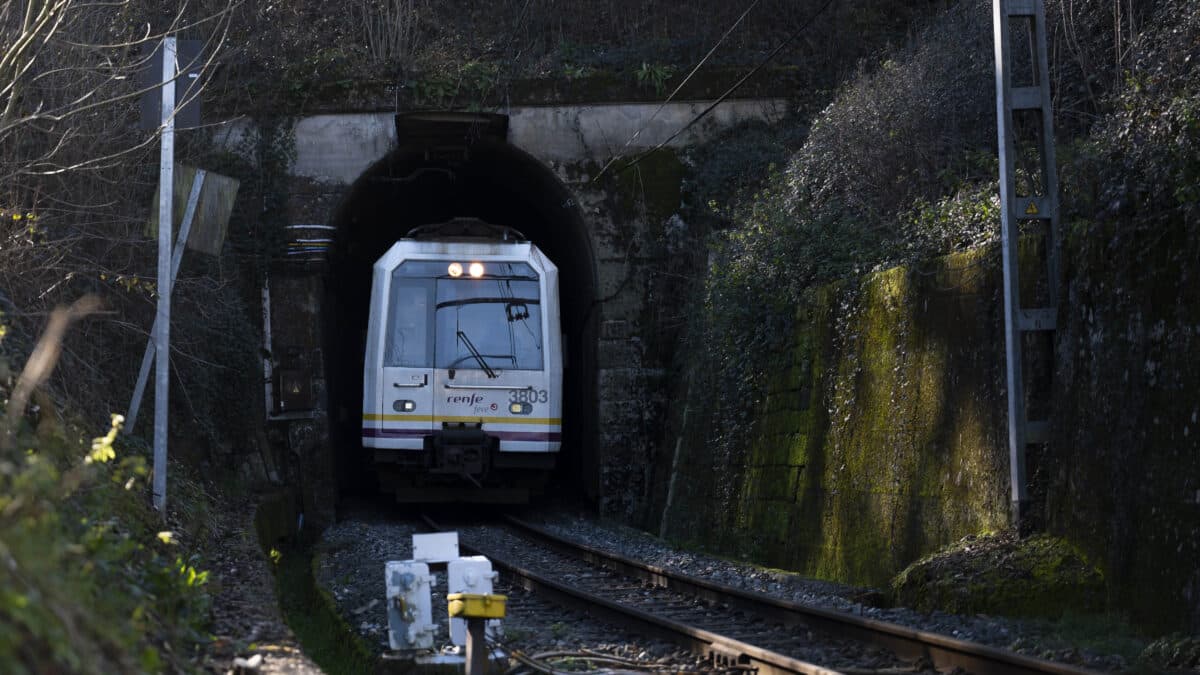 Un tren de cercanías llega a la estación de la localidad cántabra de Virgen de la Peña.