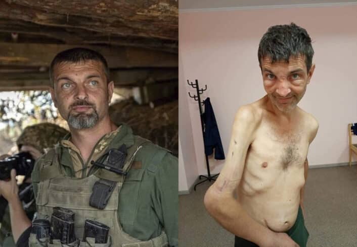 Imágenes del soldado ucraniano Mykhailo Dianov. antes y después del cautiverio ruso.