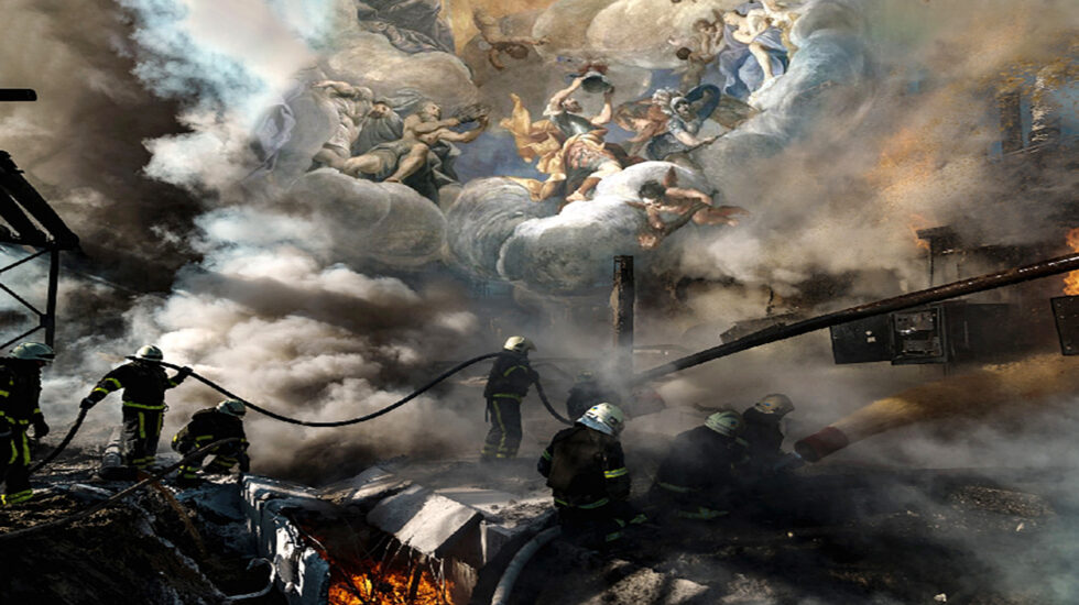 Fotomontaje realizado por Fanny Lechevalier a partir de una fotografía de guerra de Serhi Mykhalchuk y de un cuadro del pintor Giuseppe Maria Crespi