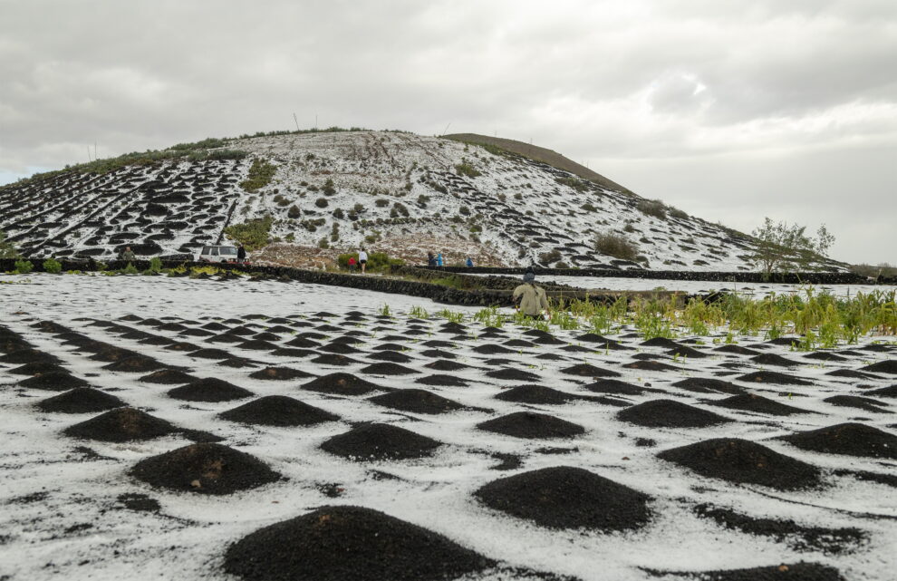 Lanzarote ha sido protagonista este sábado de un temporal de lluvia y granizo que ha afectado a toda la isla y que ofrece imágenes poco habituales en las islas Canarias.