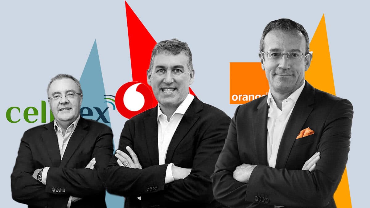 Tobías Fernández, CEO de Cellnex, Colman Deegan, CEO de Vodafone España, Jean François Fallacher, CEO de Orange España.