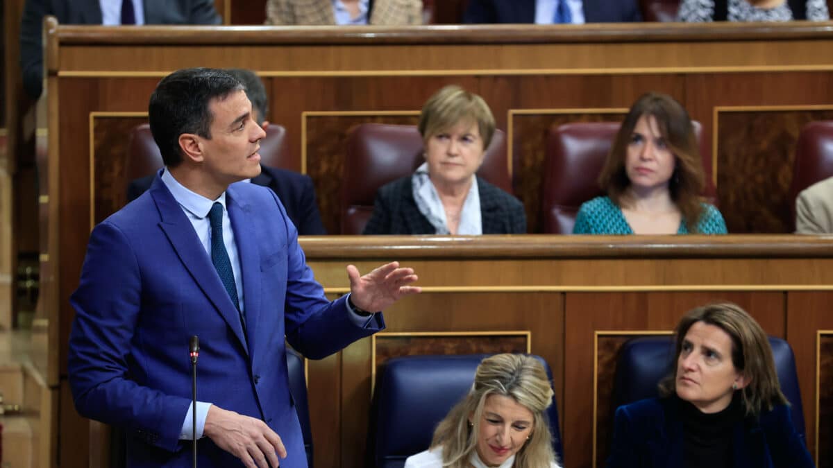 MADRID, 22/02/2023.- El presidente del Gobierno, Pedro Sánchez, interviene durante la sesión de control al Gobierno celebrada este miércoles en el Congreso de los Diputados. EFE/ Zipi