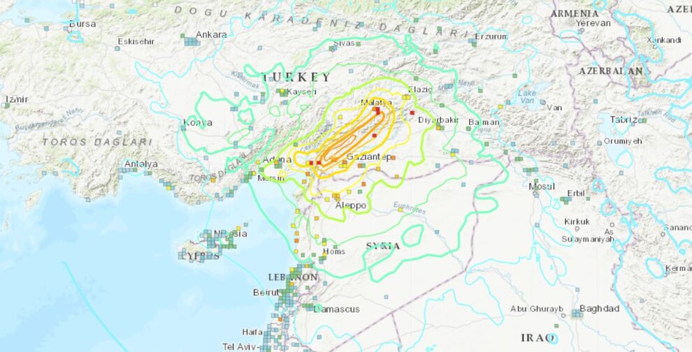 Map of Turkey with an earthquake according to the US Seismic Alert System.