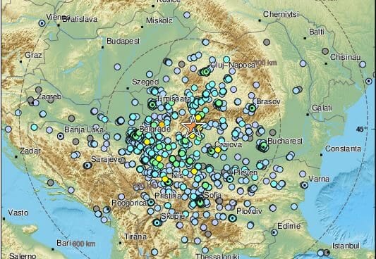 Mapa de intensidad del terremoto de este martes en los Balcanes.
