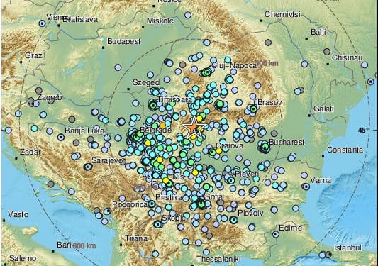 Mapa de intensidad del terremoto de este martes en los Balcanes.