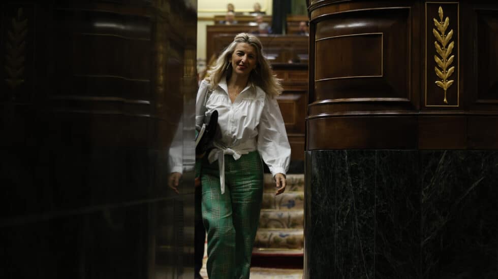 MADRID, 29/03/2023.- La vicepresidenta segunda del Gobierno y ministra de Trabajo, Yolanda Díaz durante la sesión de control al Gobierno celebrada este miércoles en el Congreso de los Diputados en Madrid. EFE/ Juan Carlos Hidalgo