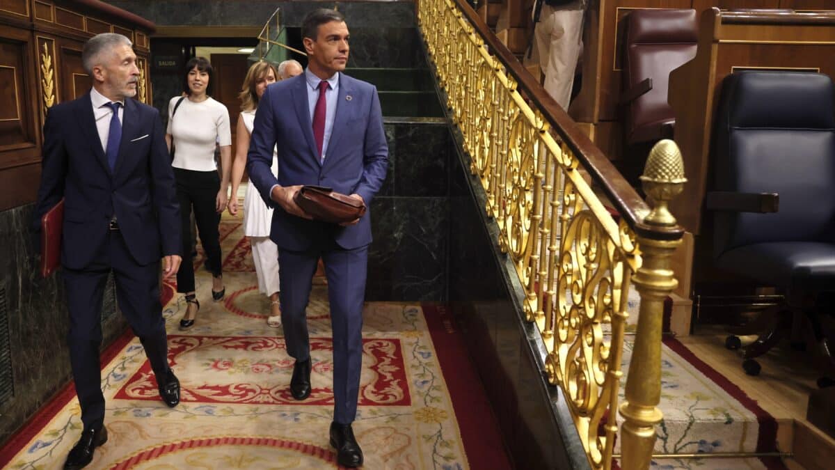 El ministro del Interior, Fernando Grande-Marlaska (i), y el presidente del Gobierno, Pedro Sánchez