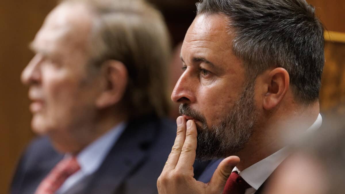 El líder de VOX, Santiago Abascal junto a Ramón Tamames durante la moción de censura, en el Congreso de los Diputados