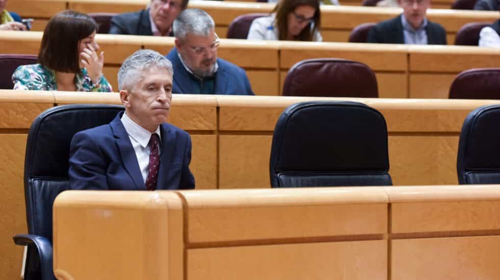 El ministro del Interior, Fernando Grande-Marlaska, durante una sesión de control al Gobierno en el Senado, a 28 de marzo de 2023, en Madrid (España). El Gobierno se somete a una sesión de control en el Senado marcada por la ausencia del presidente del Gobierno, Pedro Sánchez, que no acude al primer pleno tras la moción de censura de Vox y el nombramiento de los nuevos ministros de Industria, Comercio y Turismo y Sanidad. 28 MARZO 2023;SESIÓN PLENARIA;PLENO;SENADORES;POLÍTICA; Gustavo Valiente / Europa Press 28/3/2023