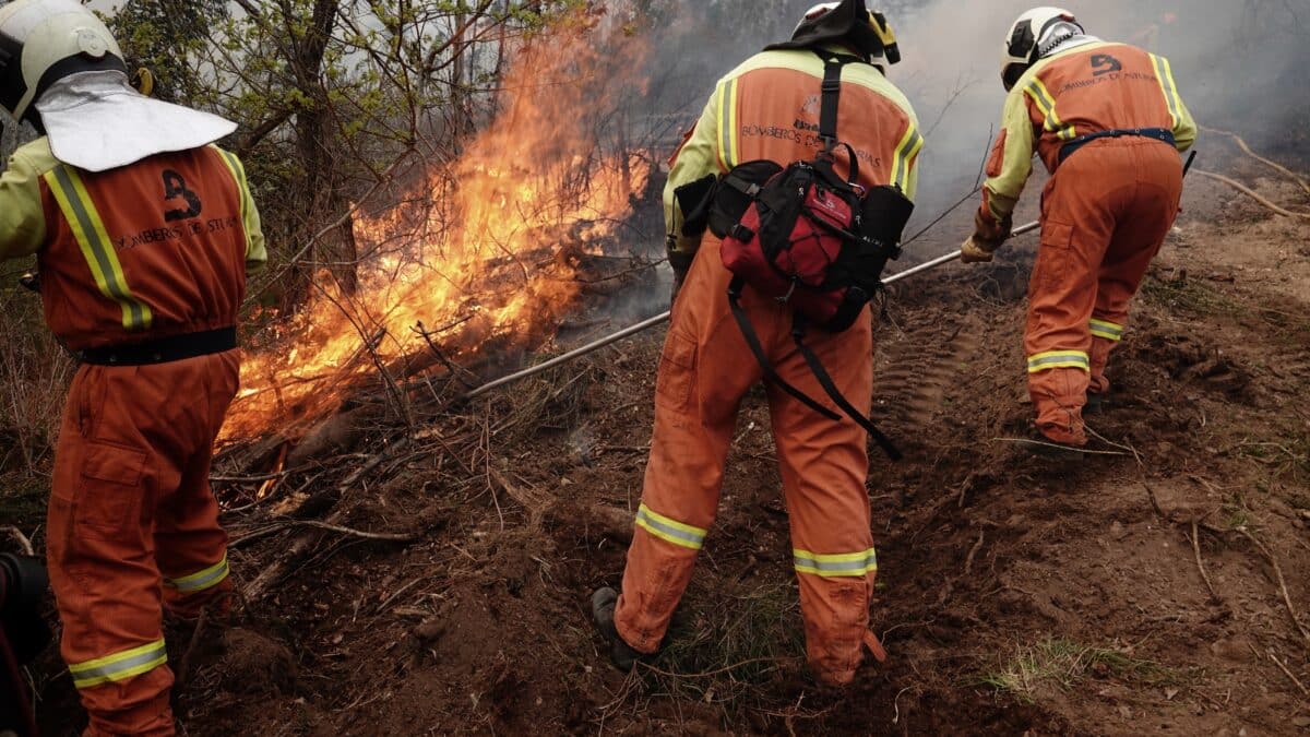 Bomberos de Asturias treabajan en el incendio de los concejos de Valdes y Tineo, a 30 de marzo de 2023, en Asturias (España).