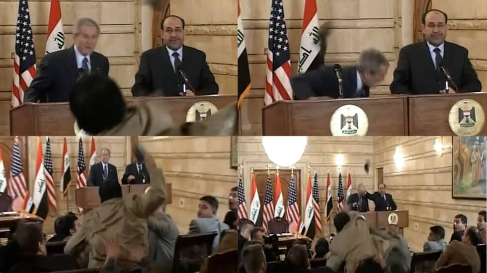 Secuencia del zapatazo a Bush firmado por el periodista Muntasir al Zaidi durante una rueda de prensa en Bagdad.