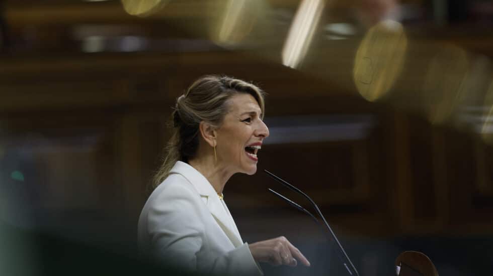 MADRID, 21/03/2023.- La vicepresidenta segunda y ministra de Trabajo y Economía Social, Yolanda Díaz durante su intervención en el debate de la moción de censura de Vox contra el presidente del Gobierno, Pedro Sánchez, con el profesor Ramón Tamames como candidato a la Presidencia, este martes en el Congreso de los Diputados. EFE/J.J.Guillen