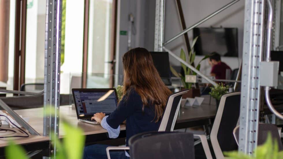 Una mujer trabaja frente a un ordenador en una oficina.