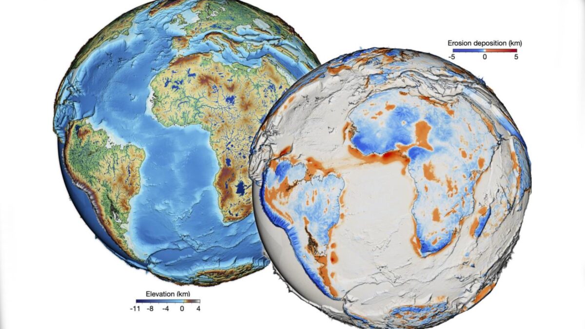 Simulación de la evolución del paisaje. A la izquierda, elevación y ríos principales hace 50 millones de años. A la derecha, erosión y sedimentación acumuladas y sedimentación, destacando la erosión sobre las cadenas montañosas y las principales acumulaciones de sedimentos a lo largo de las plataformas continentales.