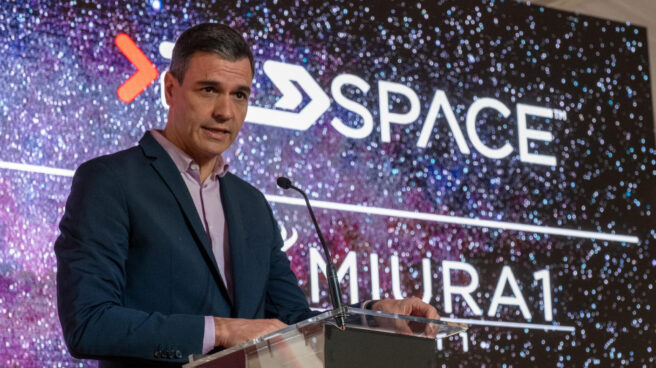 Pedro Sánchez, durante la presentación del cohete privado europeo Miura 1. Pedro Sánchez, durante la presentación del cohete privado europeo Miura 1.