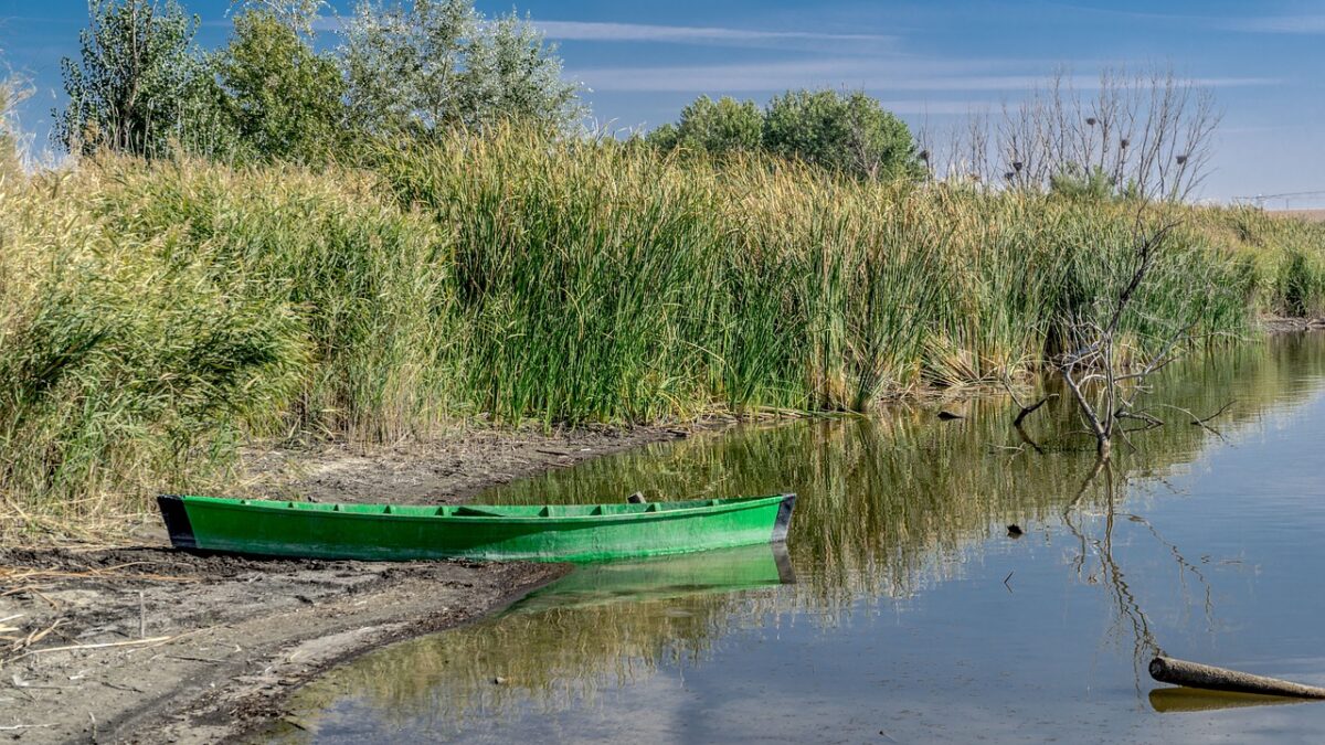 Una barca en medio de un embalse en sequía