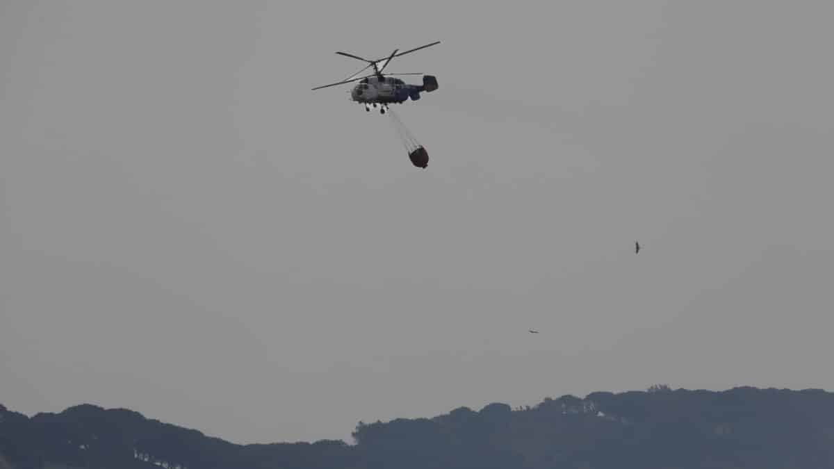 Siete aeronaves, entre otros efectivos, combaten el incendio forestal que se mantiene activo en Tarifa (Cádiz)