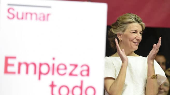 La vicepresidenta segunda del Gobierno, Yolanda Díaz durante la presentación este domingo de su candidatura de Sumar a las elecciones generales en el polideportivo Magariños de Madrid.
