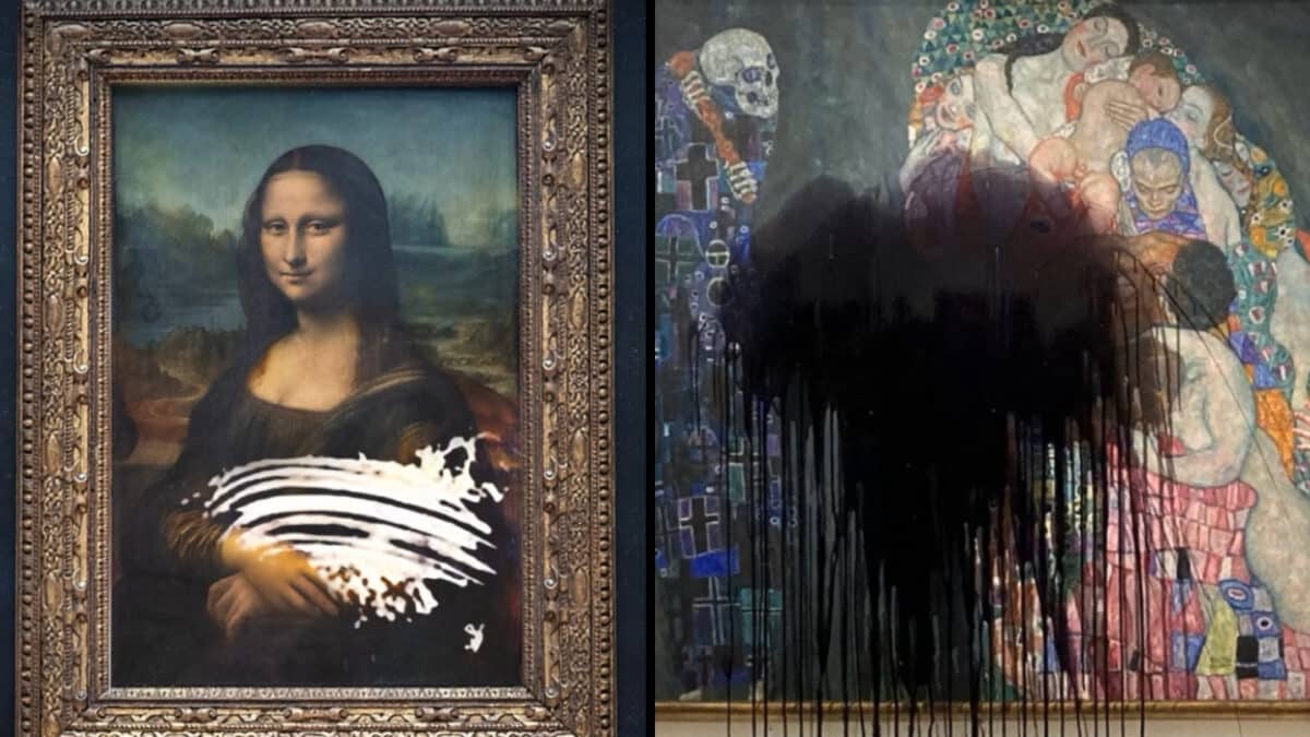 Montaje con obras de Da Vinci y Klimt vandalizadas.