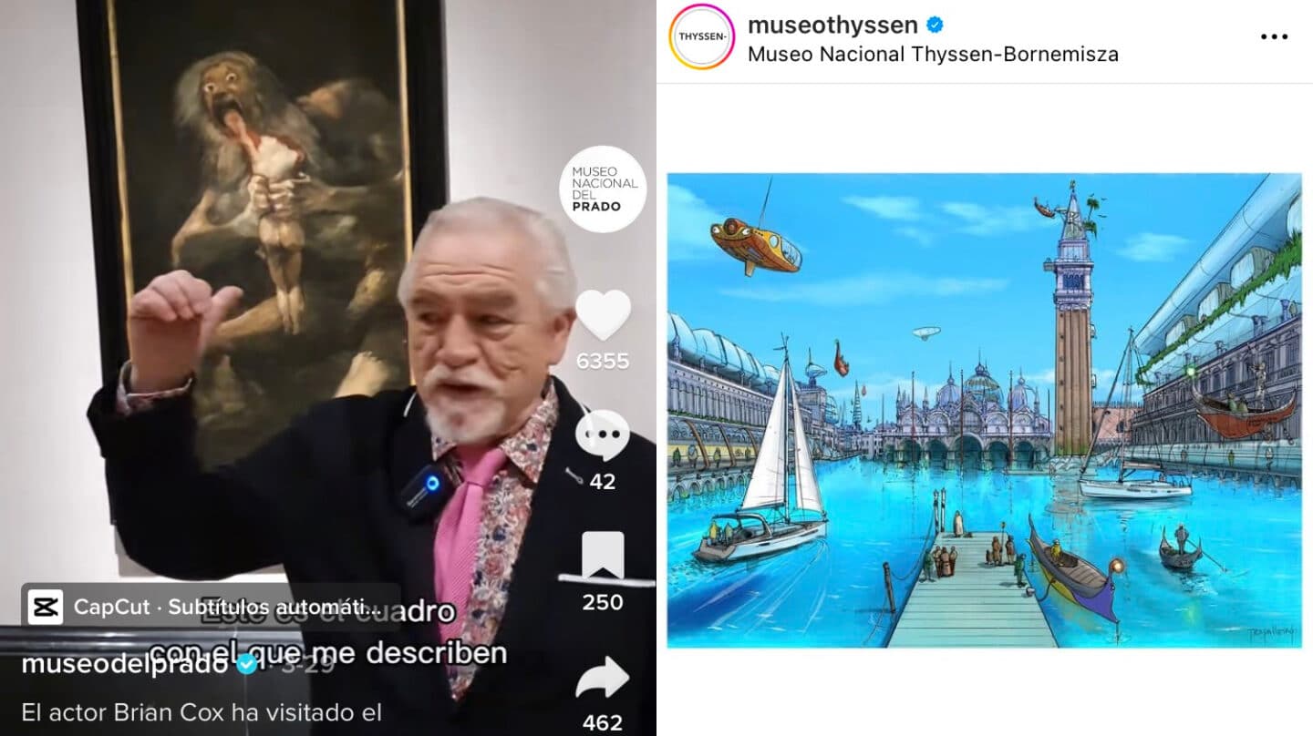 Montaje con una publicación de Museo del Prado en TikTok y del Thyssen en Instagram