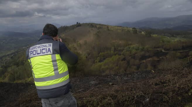 Un miembro de la Policía Científica filma la zona arrasada por el fuego en la cima del Monte Naranco, este sábado.