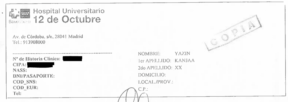 Parte médico del Hospital 12 de Octubre de Madrid de Yassin Kanjaa