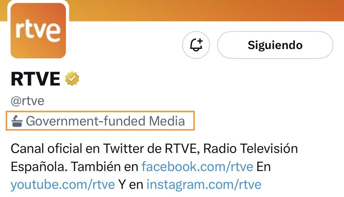 RTVE pide a Twitter que se retire "lo antes posible" la etiqueta de 'Medio financiado por el Gobierno'