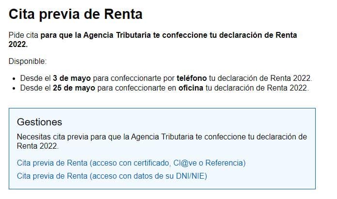 Captura de pantalla de la Agencia Tributaria donde se ve cómo pedir cita presencial para la declaración de la renta 2022 en Internet