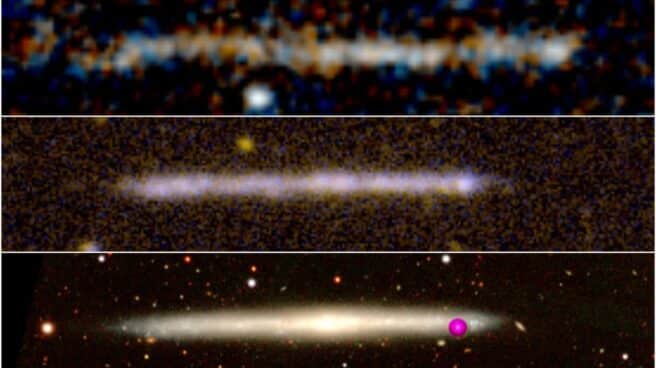 Imagen del objeto observado con el telescopio espacial Hubble. En medio, imagen en el ultravioleta de una galaxia local sin bulbo y observada de canto (IC 5249). Abajo, la misma galaxia IC 5249 observada en la parte visible del espectro