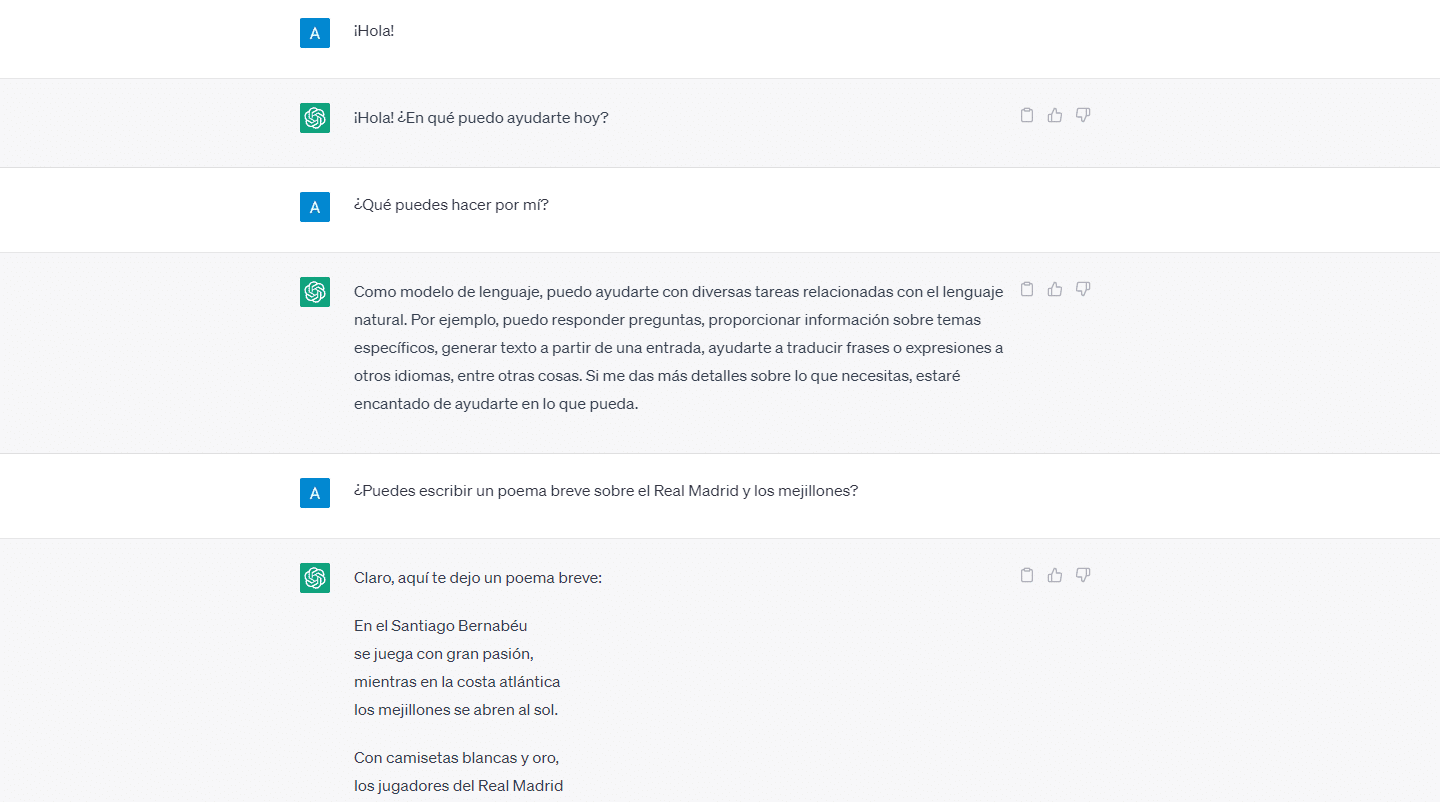 Captura de pantalla de una conversación con ChatGPT, la herramienta de diálogo basada en inteligencia artificial desarrollada por la empresa OpenAI.
