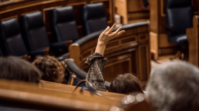 Una persona levanta la mano durante una sesión plenaria en el Congreso de los Diputados tras el anuncio de Pedro Sánchez de disolución de las Cortes y adelanto de las elecciones generales a 23 de julio