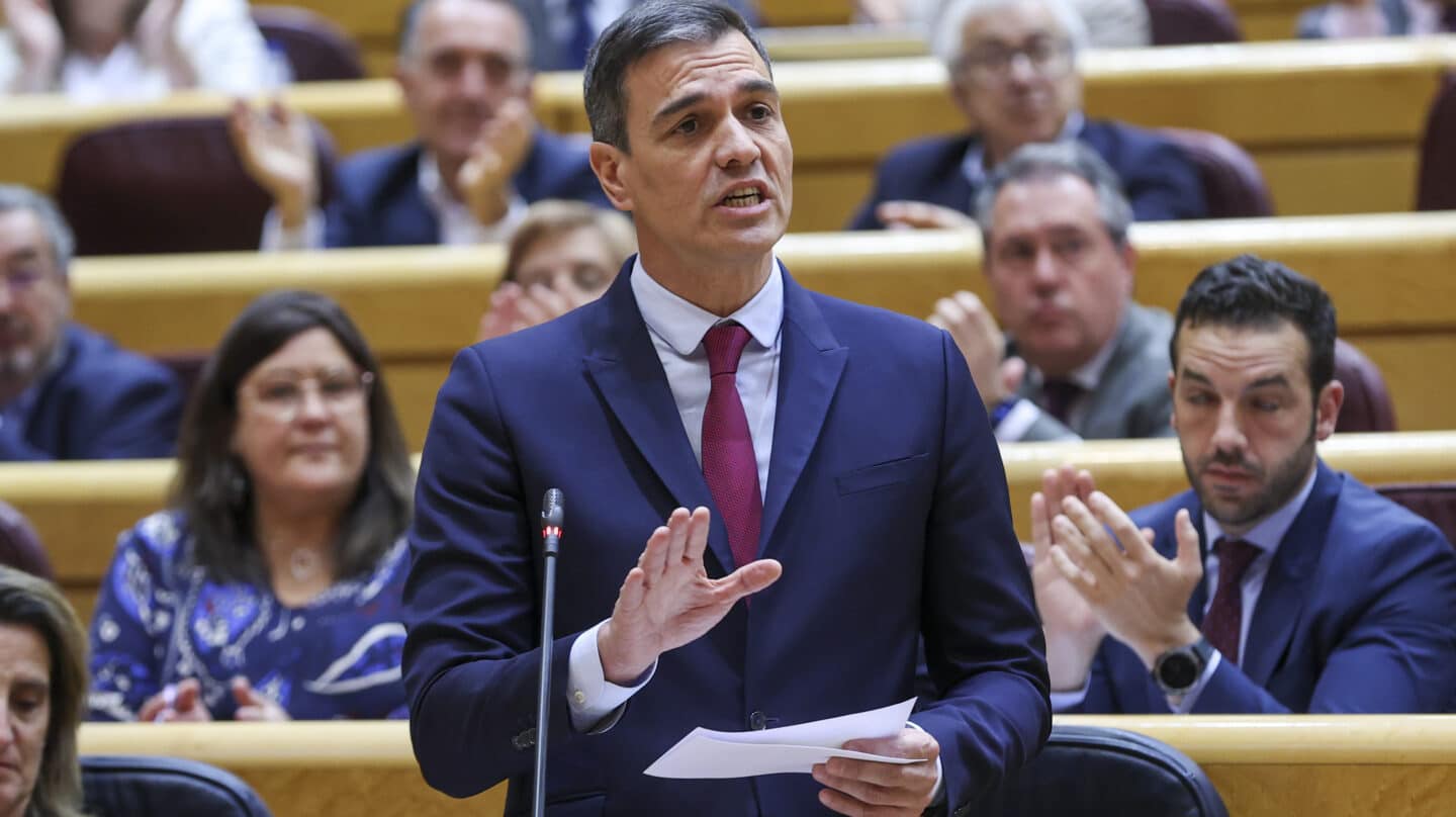 MADRID, 16/05/2023.- El presidente del Gobierno, Pedro Sánchez, interviene en la sesión de control celebrada este martes en el pleno del Senado, en Madrid. EFE/ Kiko Huesca