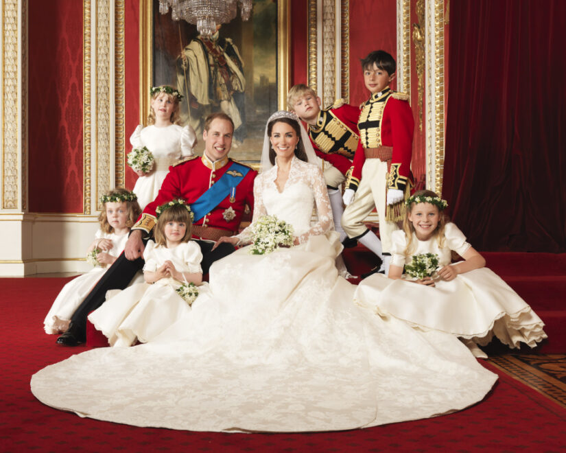 Image of the wedding day with William and Kate, their bridesmaids and pages.