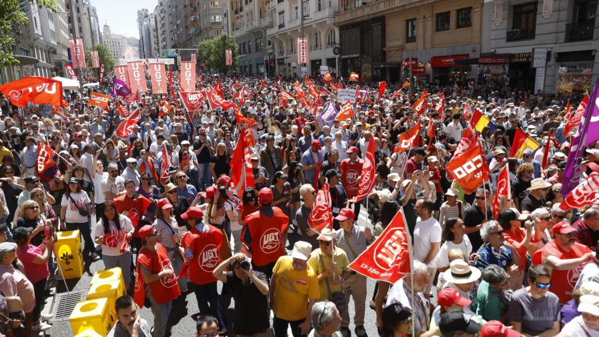 Manifestación para celebrar el Día Internacional del Trabajador convocada por UGT y CCOO este lunes en Madrid.