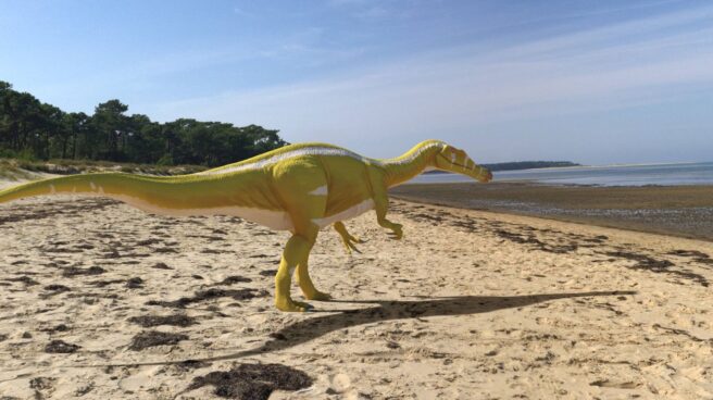 Recreación del nuevo dinosaurio, junto a la costa.